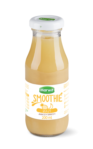 Smoothie biały firmy Marwit Zdrowie, LIFESTYLE - Lekkostrawna kompozycja o smaku ananasów, bananów, winogron i rodzimych jabłek. Jest bogatym źródłem witaminy C oraz cynku.